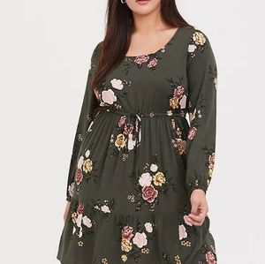 Torrid OLIVE GREEN FLORAL CHALLIS DRAWSTRING SKATER DRESS Size 1